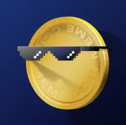A gold coin or token marked 'GMEME' with pixelated black sunglasses resting on top, set against a blue background.