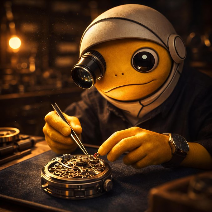 A yellow mascot character with a single large eye and head-mounted magnifying loupe meticulously works on an intricate golden watch mechanism with precision tweezers, set in a warmly-lit workshop. The image visually reinforces the post's theme of meticulous craftsmanship and precision, aligning with the $TURBO project's emphasis on technical excellence and community-driven creation.