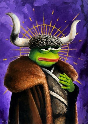 An artistic painting depicting Pepe the Frog character dressed in religious/medieval attire with a crown of thorns, bull horns, and a brown fur cloak against a purple background.