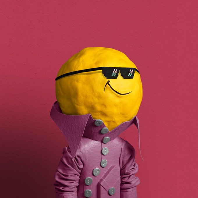 A 3D rendered figure with a yellow spherical head wearing pixelated sunglasses and a pink button-up shirt against a red background.