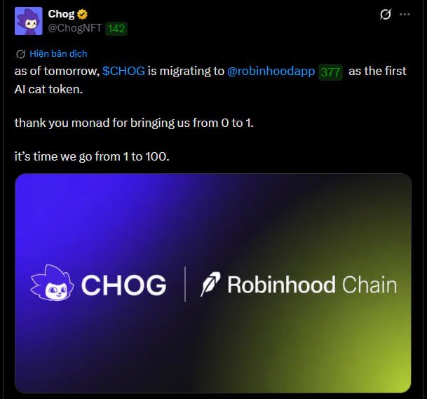 A social media post from verified user 'Chog @ChogNFT' announcing that '$CHOG is migrating to @robinhoodapp as the first AI cat token,' thanking Monad and featuring CHOG and Robinhood Chain logos.