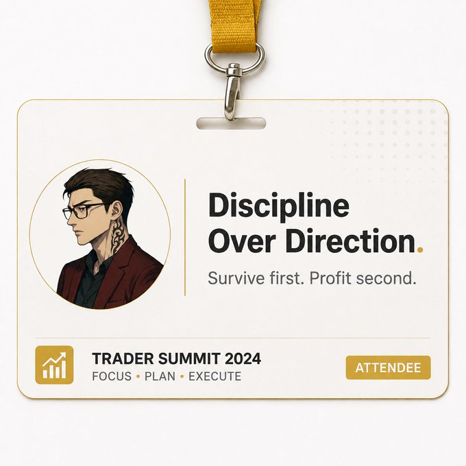 The image features a "Trader Summit 2024" attendee badge with the headline "Discipline Over Direction" and the tagline "Survive first. Profit second," showcasing a profile avatar of a young man with glasses and a tattoo.

The badge's motto directly reflects the post's lesson: despite correctly predicting Bitcoin and Ethereum would rise in late 2021, the author failed because they confused being right about market direction with disciplined execution—emphasizing that survival and process matter more than being bullish.