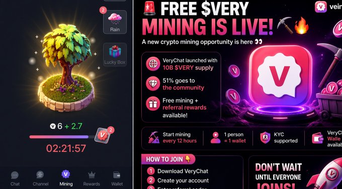 The image shows a mobile app interface for "$VERY MINING IS LIVE!" alongside what appears to be a "2" notification icon near a stylized tree on the left side. The VeryChat app advertises a new crypto mining opportunity with "10B $VERY supply," "51% goes to the community," and features like free mining, referral rewards, and a 12-hour mining cycle. This relates to the post by providing the official source of $VERY mining information, countering any black market or OTC pricing claims with the app's transparent, community-focused launch details.