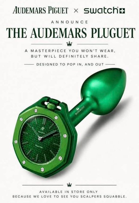 The image features a green clock with a unique design, possibly made of metal or plastic, that has been described as "green in color". It appears to be an advertisement for a product, likely related to watches or clocks. The text on the poster reads "The Audemars Piguet", which is likely the brand name associated with this particular item. The post also mentions that it was purchased from a store called Swatch, and possibly from a website named zcash merch.