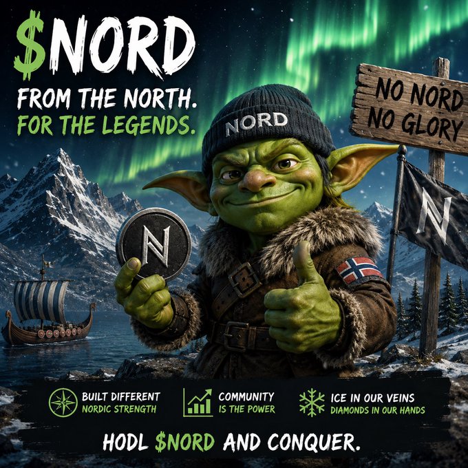Crypto promotional graphic for '$NORD' featuring a goblin-like character in a Nordic winter setting with a Viking ship and northern lights, promoting 'HODL $NORD AND CONQUER.'