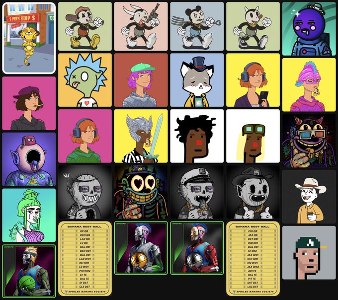 A colorful NFT collection grid featuring various cartoon characters including monkeys, aliens, and athletes, with two "BANANA BEST BALL" basketball player cards displayed at the bottom.