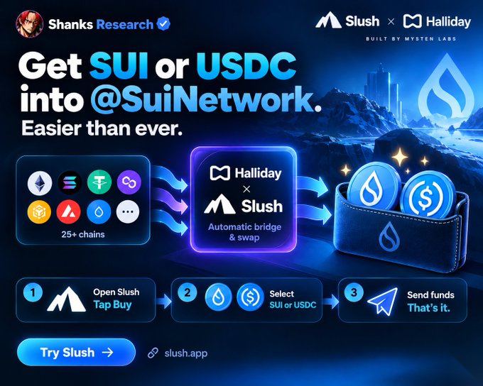 A promotional graphic by Shanks Research highlighting a partnership between Slush and Halliday (built by Mysten Labs), featuring the tagline "Get SUI or USDC into @SuiNetwork. Easier than ever." The image shows a three-step process—Open Slush, Select SUI or USDC, and Send funds—along with icons representing 25+ supported chains and a "Try Slush" button linking to slush.app.