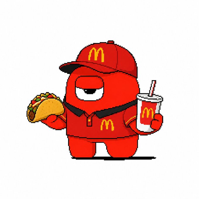 A red character resembling an Among Us crewmate wearing McDonald's uniform and hat holds a taco and a McDonald's drink cup featuring the golden arches "M" logo, tying into the Taco Tuesday reference in the post celebrating the "Trencher" community.