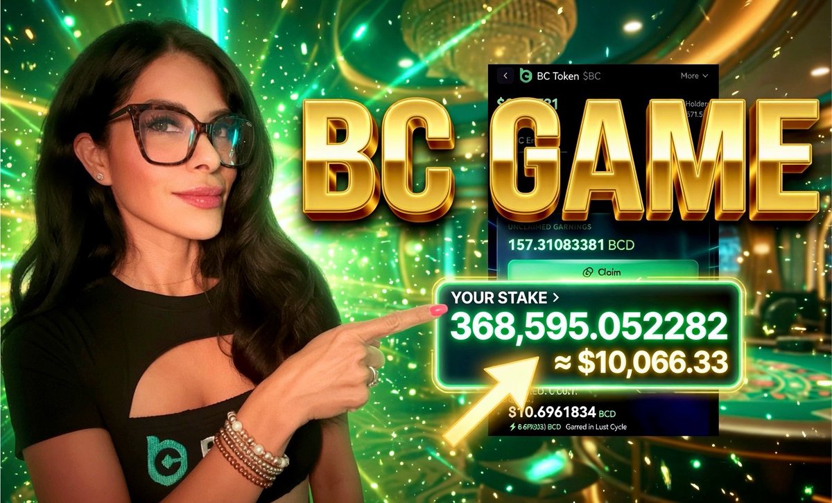 A woman in a black cutout top and glasses points at a glowing "YOUR STAKE" screen showing "368,595.052282 ≈ $10,066.33," next to large golden "BC GAME" text. The image visually supports the post's claim of a crypto stake growing from $3K to $10K, sponsored by @bcgame.