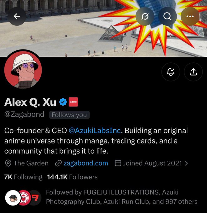 A Twitter/X profile screenshot shows "Alex Q. Xu @Zagabond", CEO of "@AzukiLabsInc", with 144.1K followers.