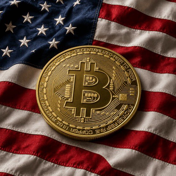 A golden physical Bitcoin token rests on an American flag, with visible inscriptions including "DECENTRALIZED," "DIGITAL," "PEER TO PEER," and "COPPER." The image symbolizes the intersection of cryptocurrency and U.S. financial regulation, visually reinforcing the Senate's failed procedural vote on the Clarity Act—a bill aimed at defining digital asset oversight.