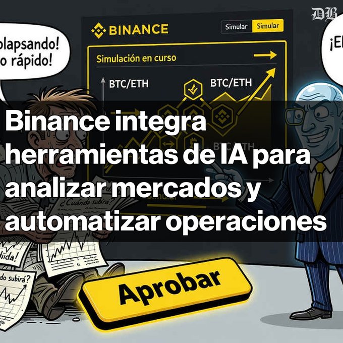 An illustrated news graphic showing a Binance interface with Spanish text reading 'Binance integra herramientas de IA para analizar mercados y automatizar operaciones' and an 'Aprobar' button.