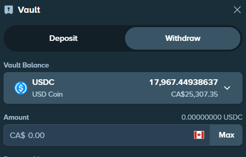A cryptocurrency vault interface showing a withdrawal option with a USDC vault balance of 17.9674498637 (CA$25,307.35). The image displays an empty amount field of CA$0.00, suggesting the user is preparing to withdraw funds, likely related to cashing out the two-day profits mentioned in the post.