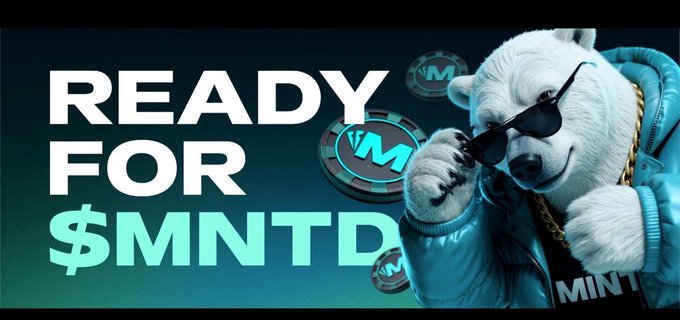 A digital advertisement features a white bear mascot wearing sunglasses and a blue jacket, posing next to text reading "READY FOR $MNTD".