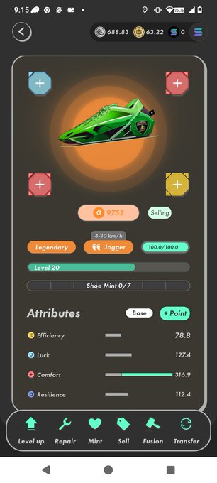 A mobile game screen displaying a Legendary Level 20 green Jogger shoe NFT with attributes like Efficiency 78.8, Luck 127.4, Comfort 316.9, and Resilience 112.4.