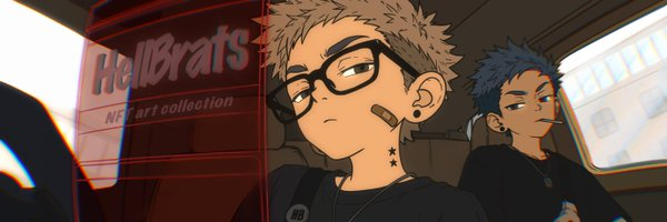 Two anime-style characters with spiky hair sit inside a vehicle, with one wearing glasses and a bandage on his nose. The image features "Hellbrats NFT art collection" text on a red sign, directly promoting the NFT project mentioned in the post's call for whitelist applications.