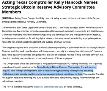 The image shows a text box containing information about Texas's strategic Bitcoin Reserve Advisory Committee. The text explains that Texas has officially launched its Strategic Bitcoin Reserve Committee, which will be responsible for creating institutional-grade custody services, managing liquidity, and providing other bitcoin management services. Additionally, the text states that the state will be preparing a Bitcoin Reserve infrastructure to support Bitcoin as it becomes more prevalent in the Texan economy.