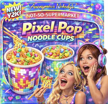 A colorful product advertisement for 'Pixel Pop Noodle Cups' from Anonymous Nobody's 'Not-So-Supermarket V2K' line, featuring two excited young women wearing headphones and disco ball-themed hair accessories, with pixelated cup designs.