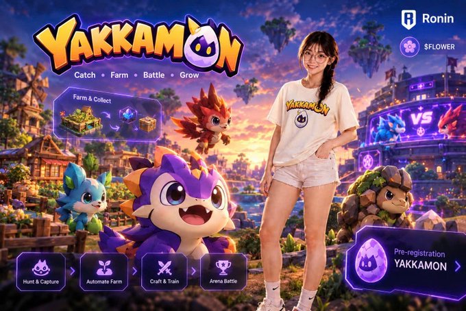 Promotional artwork for the game 'Yakkamon' on the Ronin blockchain ($FLOWER token), featuring a young woman in branded clothing alongside cartoon creatures with gameplay features like Hunt & Capture, Automate Farm, Craft & Train, and Arena Battle.