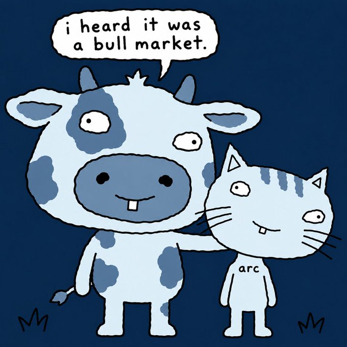 A cartoon featuring a cow and a cat (labeled 'arc'), with a speech bubble saying 'i heard it was a bull market.'