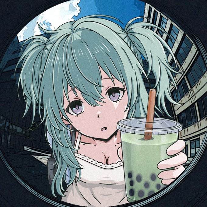 An anime girl with mint-green twin-tail hair and purple eyes holds a green bubble tea through a circular porthole frame, with a soft retro cityscape of curved buildings and cloudy sky visible behind her. The vintage lo-fi aesthetic and intimate "peeking through a window" composition perfectly match the dreamy, nostalgic vibe of being glimpsed inside someone else's half-remembered dream.