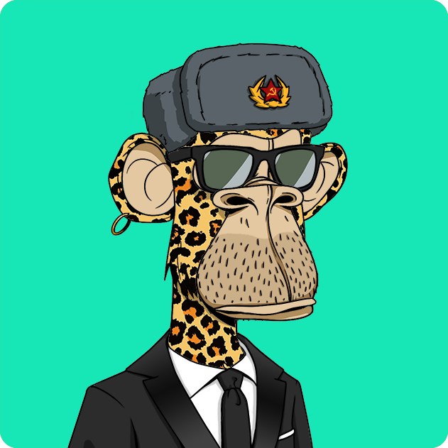 A cartoon monkey character (resembling a Bored Ape Yacht Club NFT) wearing a gray Soviet-style ushanka hat with a red star, sunglasses, and a black suit, set against a turquoise background. The image cleverly riffs on the "Communist Ape" NFT trait, humorously connecting the post's desire to buy more Gen 1 NFTs with a meme-style twist on the collection's iconography.