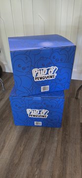 Two blue Pop Mart boxes featuring a cartoon character design are stacked on a wooden floor.