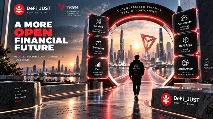 A futuristic promotional banner for DeFi_JUST, built on the TRON blockchain, features a person walking toward a glowing portal that frames a vibrant city skyline at sunset. Surrounding text highlights the platform's core pillars—including "Lending," "Borrowing," "Earn," "Community," "DeFi Apps," and "Global Access"—alongside the tagline "A More Open Financial Future: People. Technology. Opportunity. Together." The imagery visually reinforces the post's message by symbolizing the convergence of blockchain, smart contracts, and decentralized communities to forge next-generation, borderless financial systems.