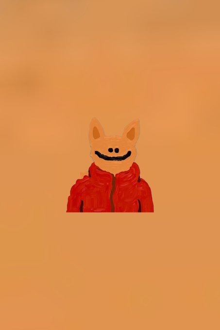 A simple digital illustration of an orange cat-like character with a wide smile wearing a red jacket against a solid orange background.