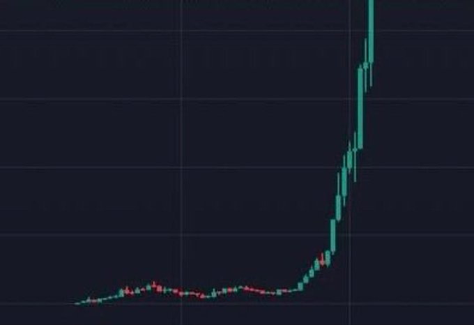 A candlestick chart showing a dramatic parabolic price surge with mostly green (bullish) candles on a dark background, illustrating explosive growth that aligns with the post's question about which memecoin will reach a new all-time high this month.