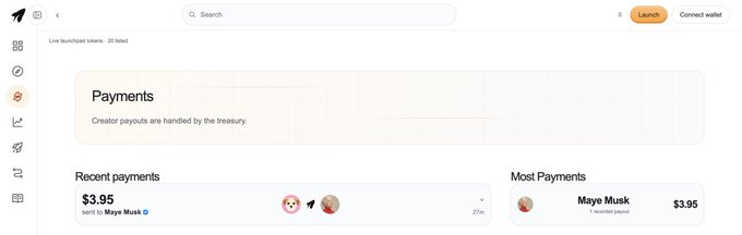 A screenshot of a Pump.fun payments dashboard showing 'Payments - Creator payouts are handled by the treasury' with a recent payment of $3.95 sent to Maye Musk.