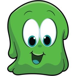 A simple cartoon of a smiling green blob-like character with large blue eyes.