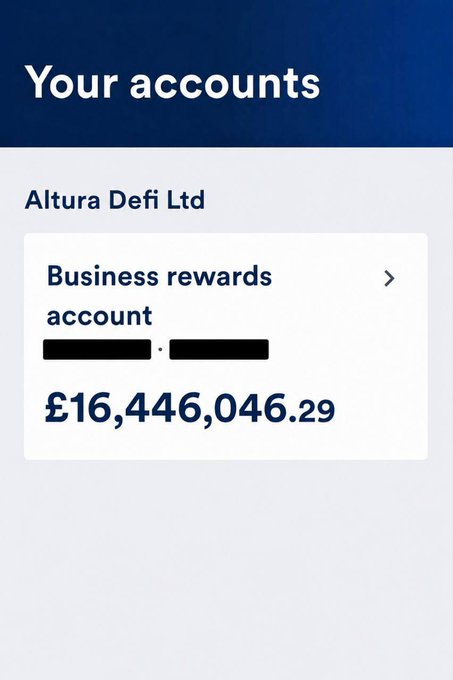 A banking app screen displays "Altura Defi Ltd" with a "Business rewards account" showing a balance of £16,446,046.29, with the account number redacted, illustrating the post's claim about traditional finance (TradFi) risk being brought on-chain.