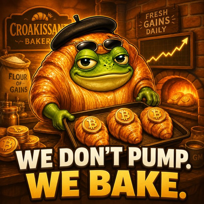Crypto-themed illustration featuring a frog wearing sunglasses and a beret at "CROAKISSANT BAKERY," holding a tray of Bitcoin-labeled pastries, with signs reading "FRESH GAINS DAILY" and "FLOUR OF GAINS." Bold text declares: "WE DON'T PUMP. WE BAKE."