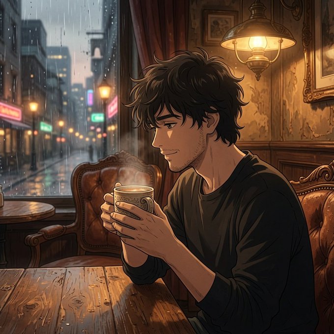 A young man sits in a warmly lit, vintage café cradling a steaming mug, gazing out the rain-streaked window at the neon-lit city streets beyond. The contemplative scene mirrors the post's theme of pause and reflection, suggesting the quiet moment of considering whether AI actions can be trusted and verified before relying on them.