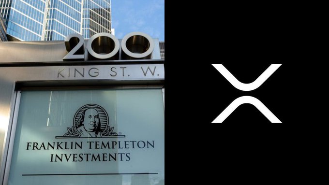 The image shows a split view: on the left, a Franklin Templeton Investments sign at "200 King St. W." featuring Benjamin Franklin's portrait, and on the right, the white XRP logo on a black background. The visual pairs the asset manager with the cryptocurrency token to illustrate Franklin Templeton's commentary on XRP's growing institutional adoption alongside Bitcoin and Ethereum.