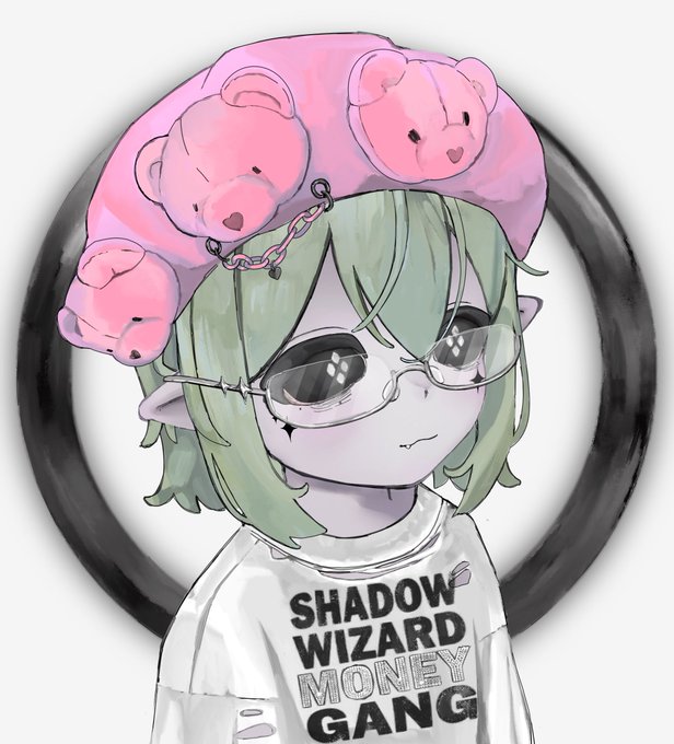 An anime-style illustration shows a character with green hair, glasses, and three pink teddy bears on their head, wearing a shirt that reads 'SHADOW WIZARD MONEY GANG'.