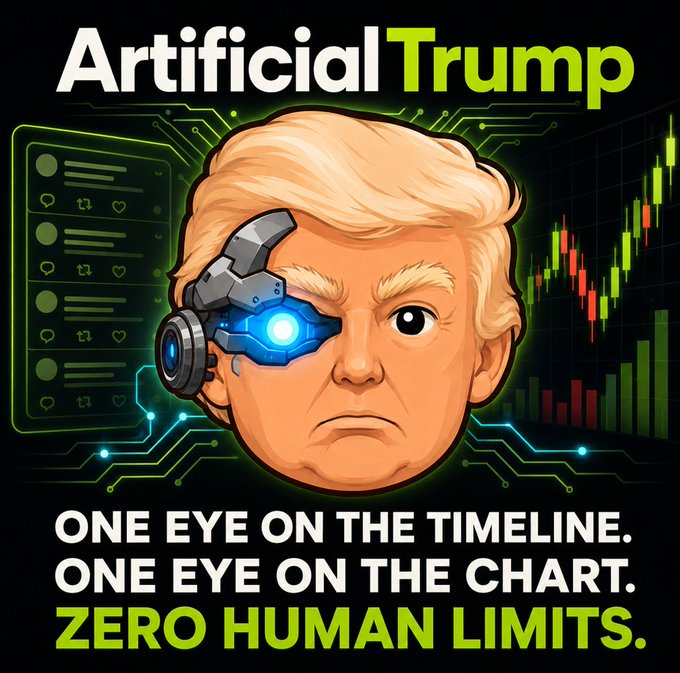 A digital art piece titled 'Artificial Trump' depicting Donald Trump with a cybernetic eye and the text 'ONE EYE ON THE TIMELINE. ONE EYE ON THE CHART. ZERO HUMAN LIMITS.' against a background of crypto price charts.