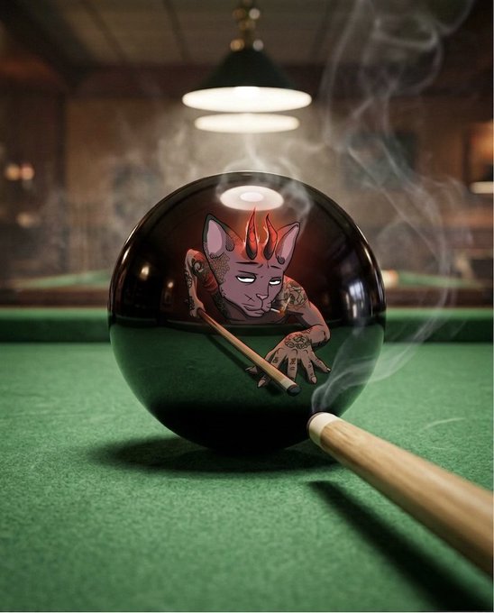 A dark eight-ball features an illustration of a tattooed cat with flames on its head holding a pool cue, with smoke rising from the ball's surface on a green pool table.