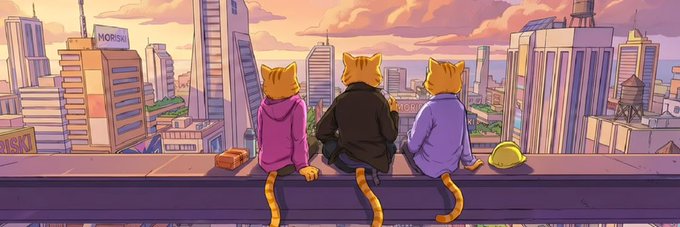The image features three cartoon cats sitting on a rooftop, looking out over a cityscape below them. The cats are positioned at different angles, with one cat closer to the viewer and two others further away. The backdrop of the scene includes buildings and a sunset, creating an urban setting for the feline characters. The caption accompanying the image provides information about the post's source or creator, suggesting that it is related to Moriski NFT and possibly a promotional piece for their upcoming release.