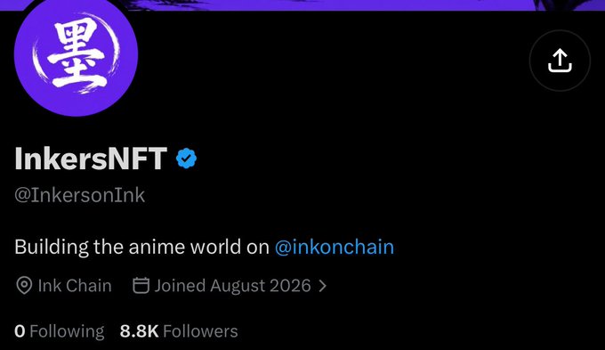 Twitter/X profile for 'InkersNFT' (@InkersonInk) with bio 'Building the anime world on @inkonchain', showing 0 Following, 8.8K Followers, joined August 2026, with an Ink Chain location tag.