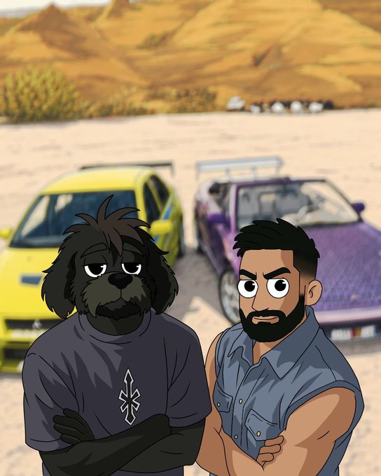 A cartoon-style image shows a black dog character in a dark shirt with a cross symbol standing next to a bearded man in a denim vest, with a yellow car and purple sports car parked behind them in a desert landscape. The scene humorously represents the $MYRO community, with the dog mascot (a popular meme-style character) posing alongside a community member in a stylized setting fitting a crypto community "roll call" post.