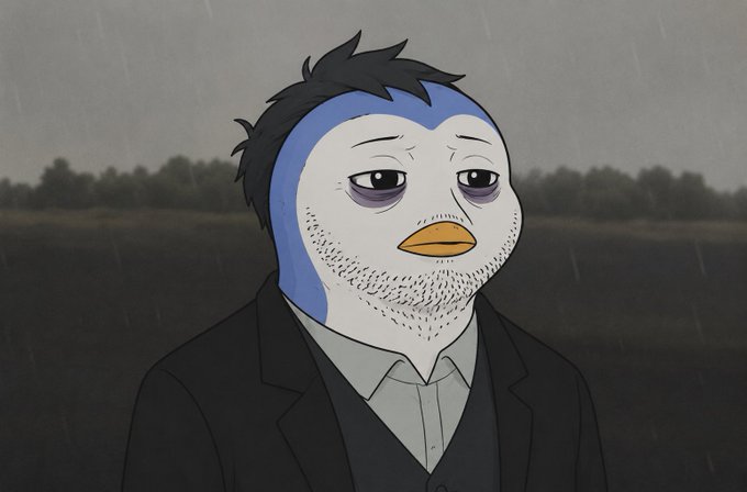 A sad-looking anthropomorphic penguin character with tousled black hair, stubble, and tired eyes stands alone in a bleak, rain-soaked field, dressed in a somber black suit and gray shirt. The melancholic mood satirizes the limited utility of NFT profile pictures, humorously depicting the dejected state of an avatar that serves little purpose beyond being generated for character consistency.