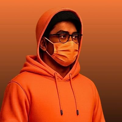 A portrait of a young man wearing an orange hoodie and orange face mask, along with glasses, against a matching orange gradient background.