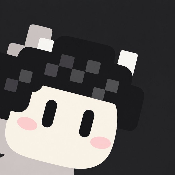 A digital illustration of a cute character with pixelated black hair, simple black eyes, and pink cheeks against a dark background.