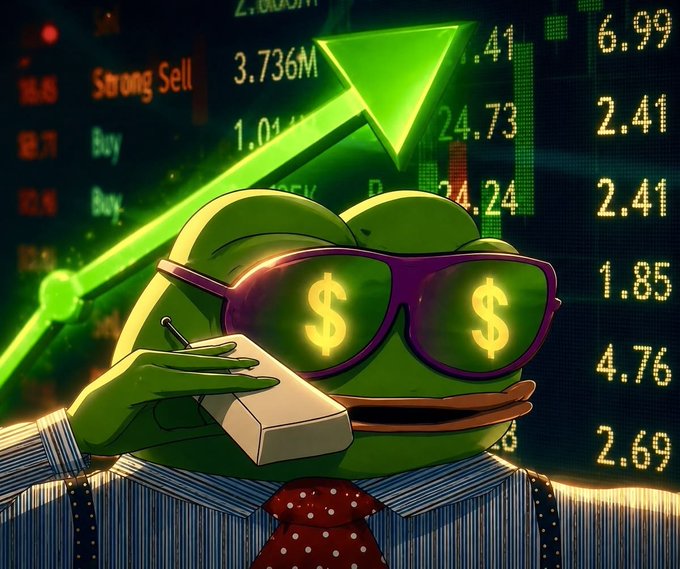 A digital illustration of the Pepe the Frog meme dressed as a Wall Street trader, wearing sunglasses with dollar sign lenses, a striped shirt, and a red tie, set against a green stock market chart background showing "Strong Sell" and "Buy" signals.