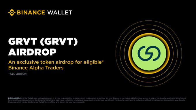 A promotional banner for Binance Wallet announcing a 'GRVT (GRVT) AIRDROP' as an exclusive token airdrop for eligible Binance Alpha Traders, featuring the GRVT logo.