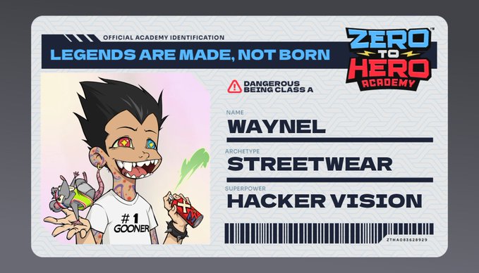 The image showcases a "Zero to Hero Academy" official ID card featuring a cartoon character with spiky hair holding a can labeled "#1 GOONER," assigned to "WAYNEL" with the archetype "STREETWEAR" and superpower "HACKER VISION," marked as "Dangerous Being Class A." This NFT-style ID card aligns with the post promoting ZTH Academy's ID card collection, inviting others to claim their own digital identity before missing out.