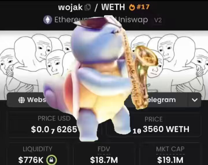 The image features a cartoon turtle with a gold saxophone, which appears to be playing music. The turtle is standing upright while holding the saxophone in its mouth. In the background, there are several other cartoon characters, including a person wearing sunglasses and another person wearing a hat. The text on the image reads "WOJAK bros rn", which could possibly be a reference to the artist or the title of the post.