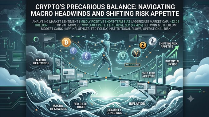 A graphic titled "CRYPTO'S PRECARIOUS BALANCE: NAVIGATING MACRO HEADWINDS AND SHIFTING RISK APPETITE" showing market sentiment analysis with BTC, ETH, and VVV tokens, noting aggregate market cap ~$2.04 trillion, VVV (+46.11%), and factors like Fed Policy, Institutional Flows, and Operational Risk.